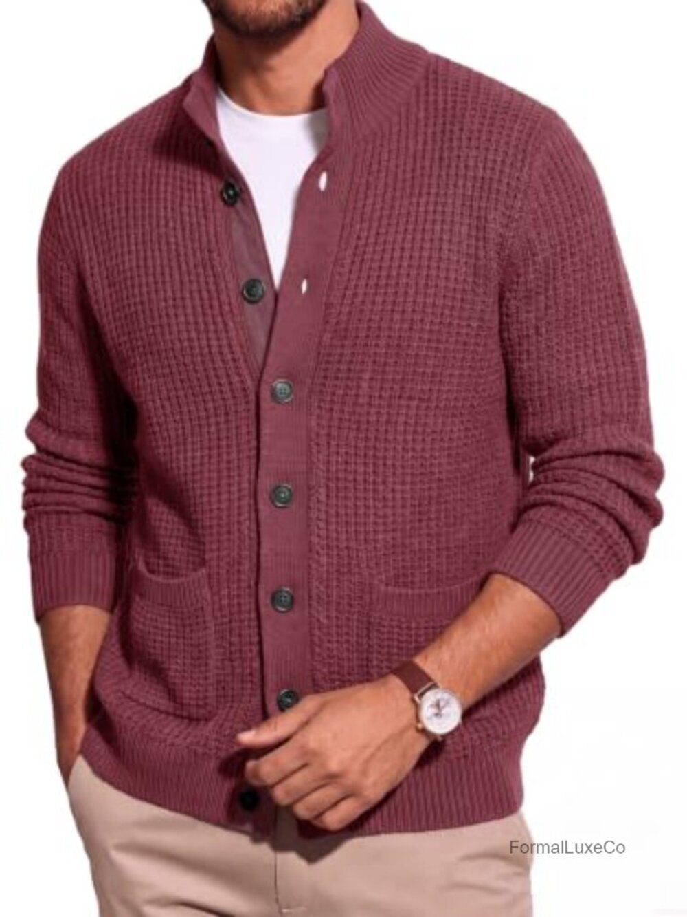 Mens Waffle Knit Cardigan Sweater Stand Collar Button Front Pockets